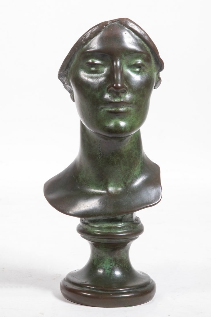 DANIEL CHESTER FRENCH (MA/NY, 1850-1931): DANIEL CHESTER FRENCH (MA/NY, 1850-1931) Bust of a Woman, patinated bronze sculpture with verdigris, signed with D.C.F. monogram, impressed E. Gargani Foundry at edge of base, with label from Graham
