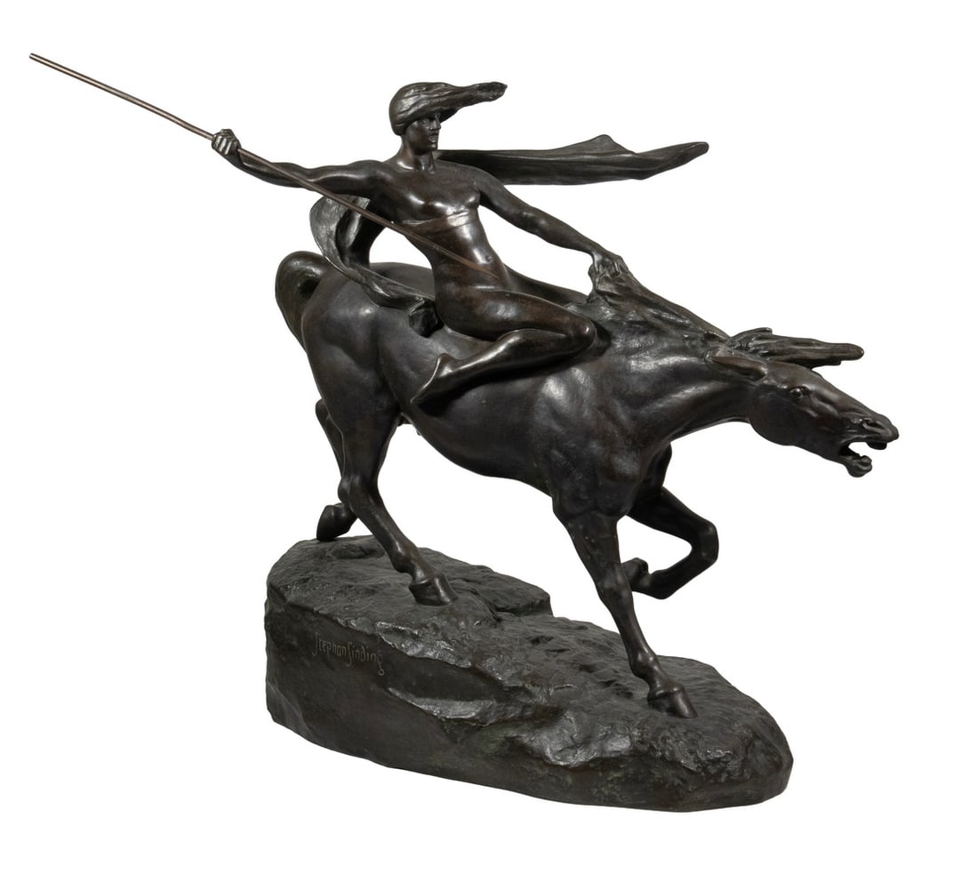 STEPHAN ABEL SINDING (FRANCE/NORWAY, 1846-1922): STEPHAN ABEL SINDING (FRANCE/NORWAY, 1846-1922) "Valkyria", cast and patinated bronze, signed and marked for Foundry: "AKTGES von H. GLADENBECK U. SOHN BERLIN" OS: 22 x 20 x 9 in. (55.9 x 50.8 x 22.9