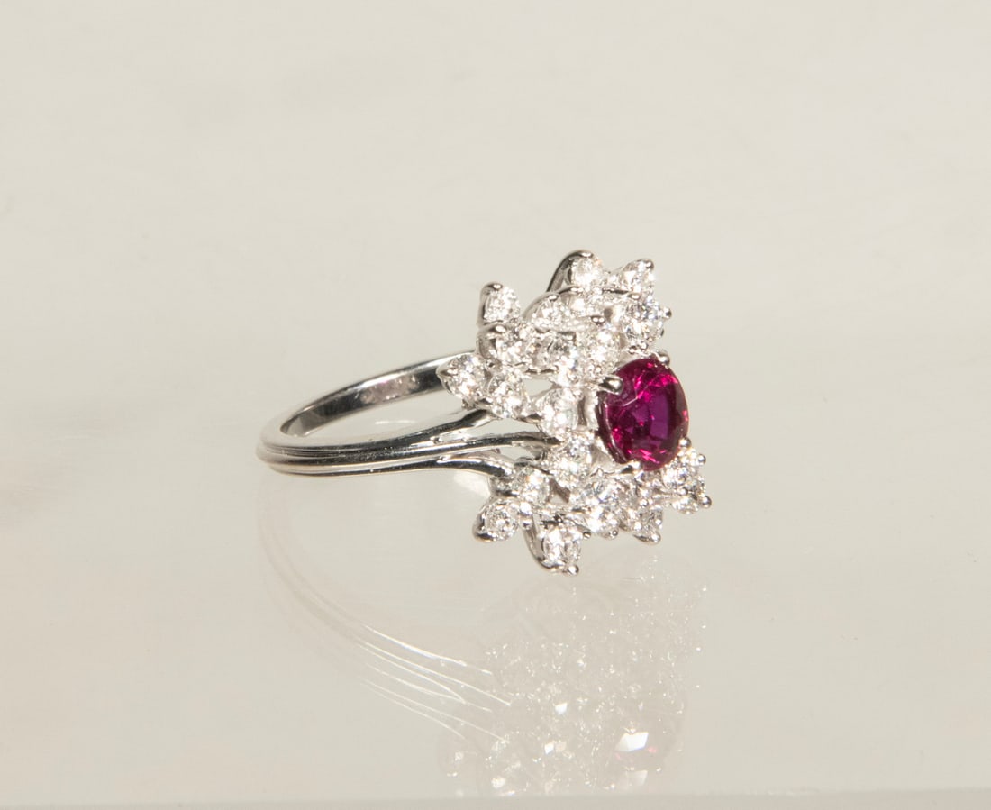 18K WHITE GOLD RUBY AND DIAMOND CLUSTER RING: WILLIAM THON (ME/NY/ITALY, 1906-2000) "Mist in the Trees," oil on masonite, signed lower right, titled verso, and marked with estate number 3131. Unframed. OS: 22 x 36 in. (55.9 x 91.4 cm.)