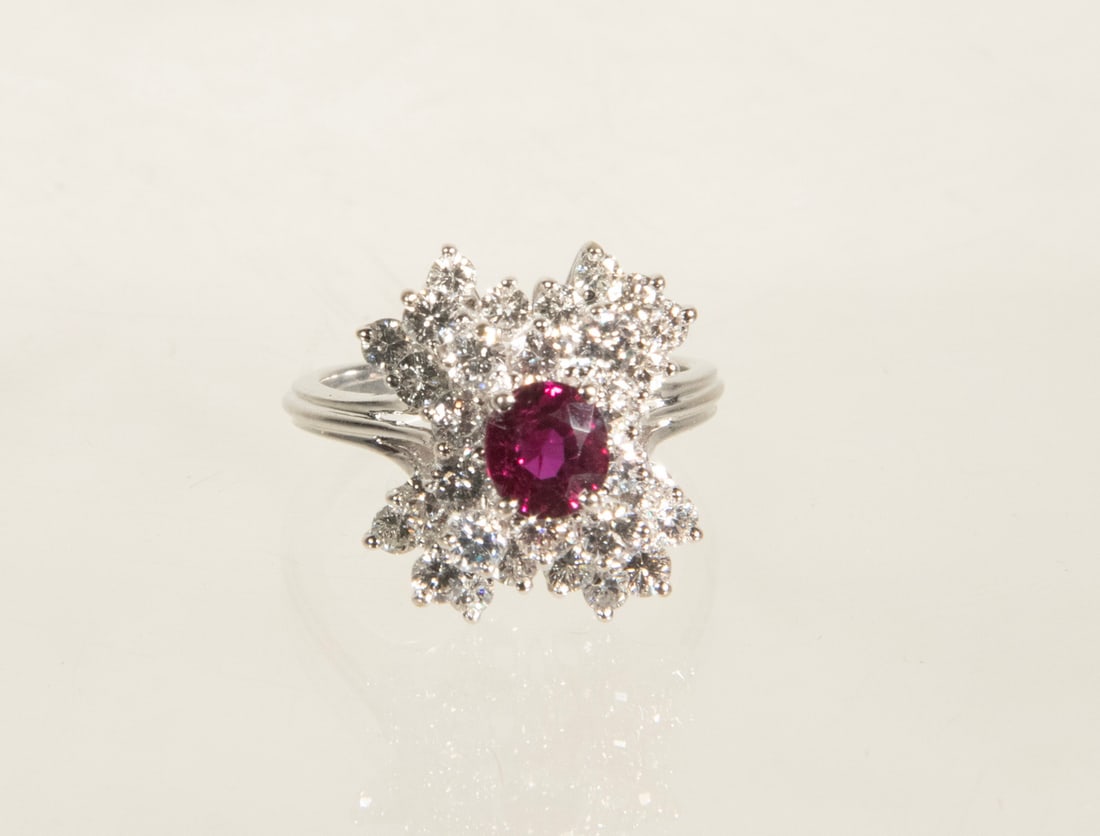 18K WHITE GOLD RUBY AND DIAMOND CLUSTER RING - 2