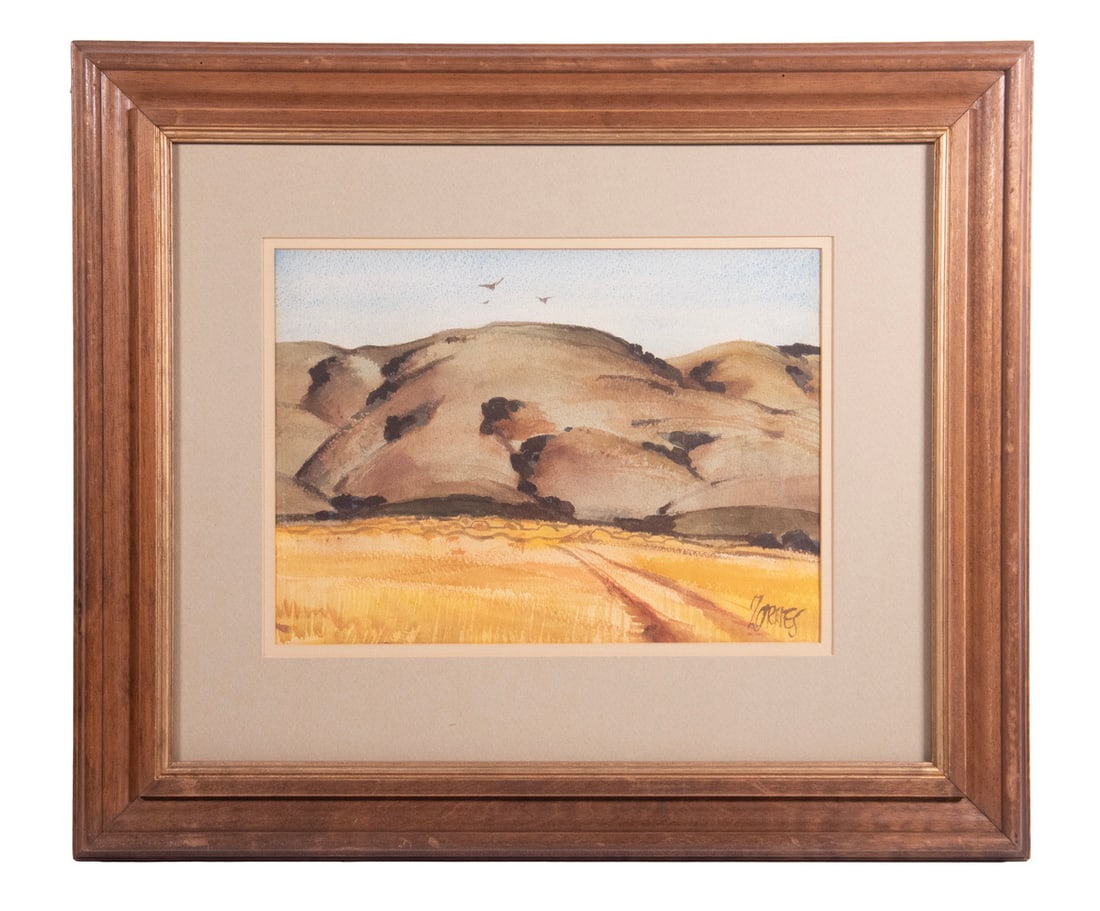 MILFORD ZORNES (CA, 1908-2008): MILFORD ZORNES (CA, 1908-2008) Northern California Hills, watercolor on paper, signed lower right. In molded mahogany frame with gold liner, matted under glass. OS: 17 1/2 x 20 1/2 x 2 in. (44.5 x