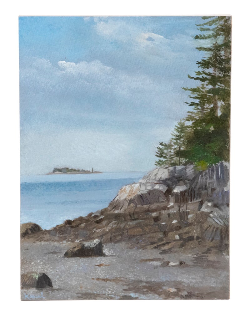 BARBARA KASSEL (NY, 1952 - ): BARBARA KASSEL (NY, 1952 - ) "Franklin Island Light from Deep Cove", 2008, oil on paper laid to panel, unframed, edge of box stretcher painted grey, label verso from Hirschl & Adler Modern, New York,