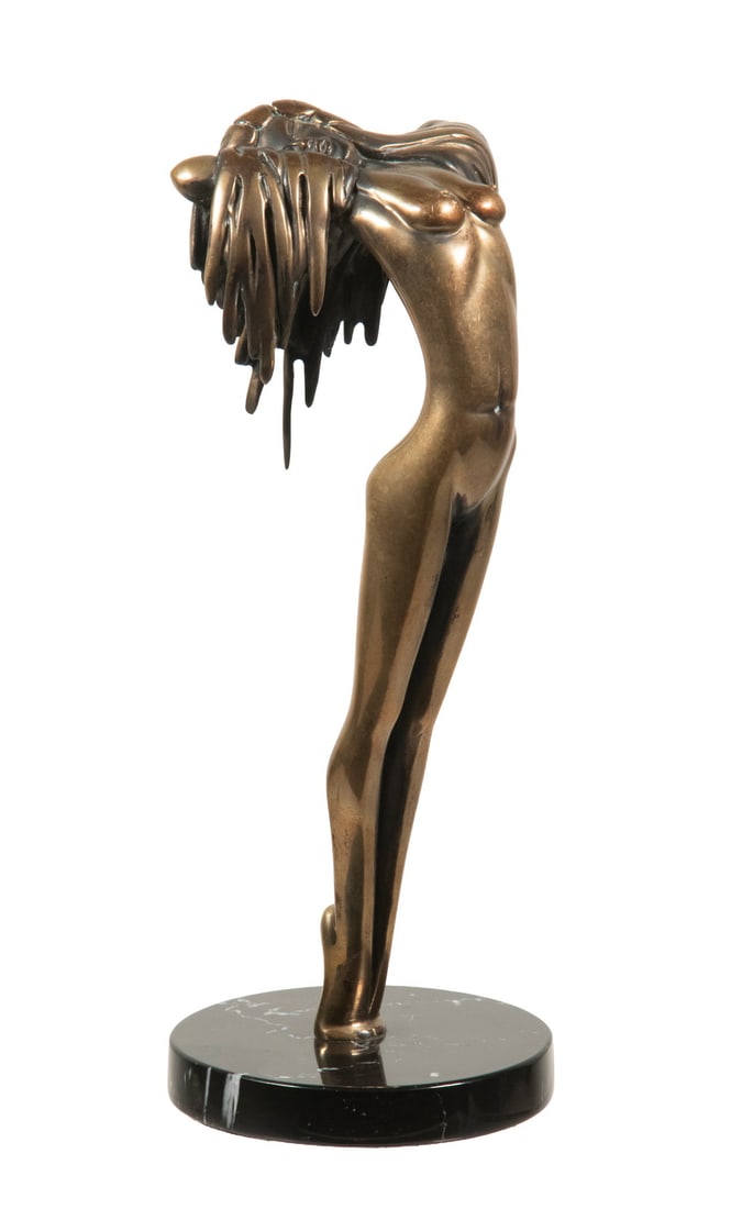 TOM BENNETT (CA, 1928-): TOM BENNETT (CA, 1928- ) "Windsong," limited edition bronze sculpture, signed, dated '85 and numbered 220/250 on backside of right foot, on a round black marble base. With Certificate of Authenticity