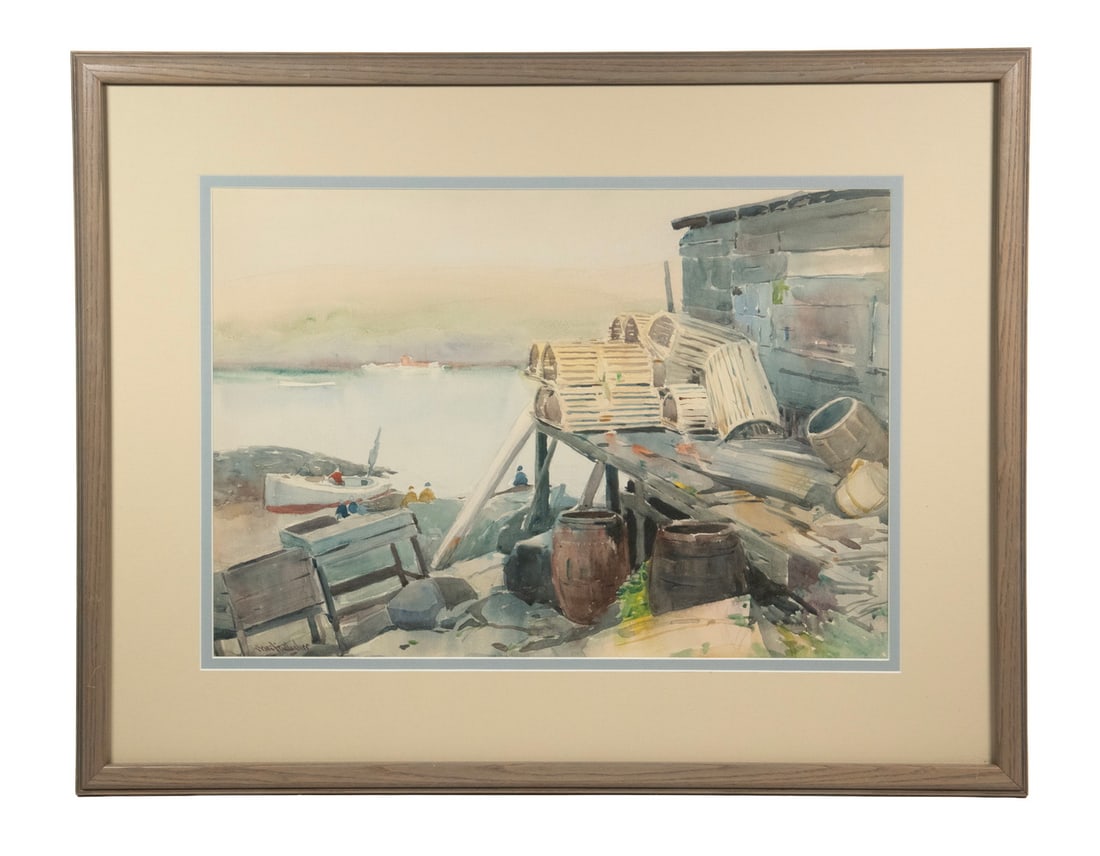 SEARS GALLAGHER (MA, 1869-1955): SEARS GALLAGHER (MA, 1869-1955) "Fish Beach, Monhegan", watercolor on paper, signed lower left, in grey washed wooden frame with double mat. OS: 21 1/2 x 27 1/2 in. (54.6 x 69.9 cm.), SS: 13 1/2 x 19