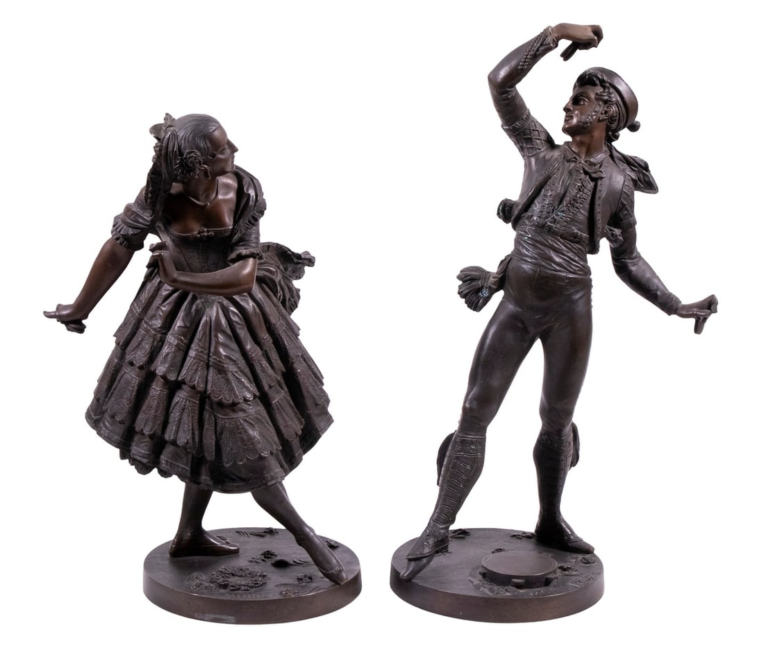 LOUIS MARIE MORET (FRANCE, 1818-1883): LOUIS MARIE MORET (FRANCE, 1818-1883) The Spanish Dancers, cast and patinated bronze, both signed on base, depicted in traditional Sevillania costume, he is circling a tambourine, she the same with a