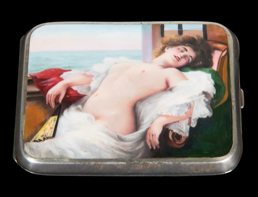 EARLY 20TH C. EROTIC ENAMEL & SILVER CIGARETTE CASE (1 of 3)
