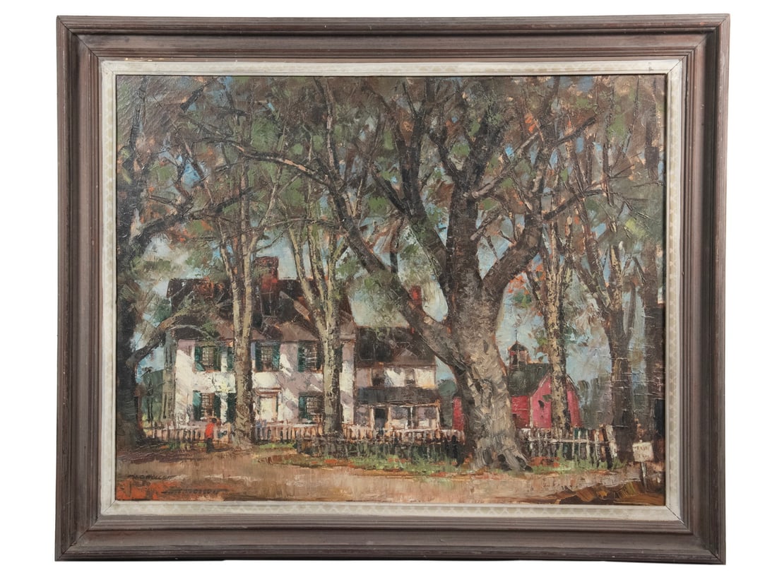HAROLD C. WOLCOTT (CT/NY, 1898-1977): HAROLD C. WOLCOTT (CT/NY, 1898-1977) "Home of H.C. Wolcott, Southport, Conn", oil on canvas, signed lower left, titled verso, in molded walnut frame. OS: 27 x 33 x 1 3/4 in. (68.6 x 83.8 x 4.4 cm.), S