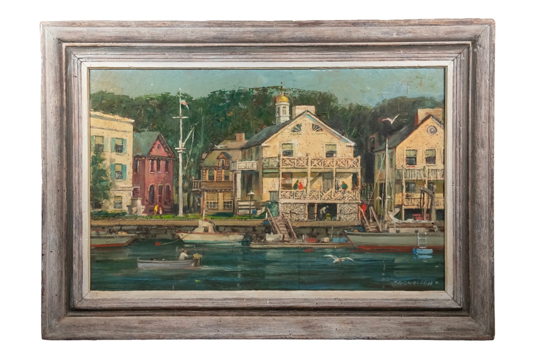 HAROLD C. WOLCOTT (CT/NY, 1898-1977): HAROLD C. WOLCOTT (CT/NY, 1898-1977) Southport, Connecticut Village Waterfront, oil on masomite, signed lower right, also signed verso with an original price of $750. In driftwood frame with cream lin