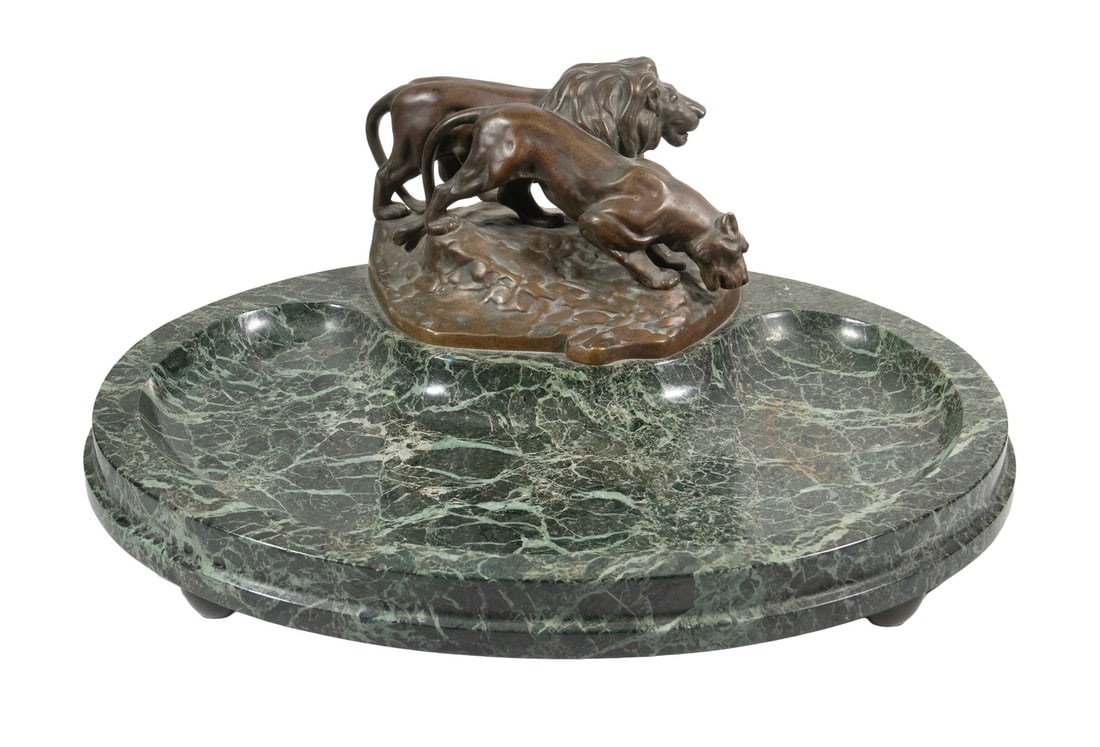 BRONZE SCULPTURE OF LIONS ON GREEN MARBLE BASE (1 of 3)