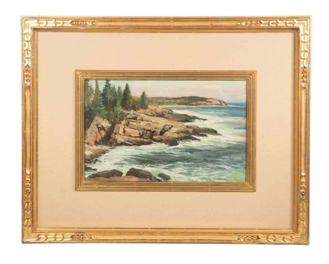 BERNARD COREY (MA, 1914-2000): SARAH KNOCK (ME, 1947 - ) "Freeport Inlet." oil on canvas, signed lower right. In gold edged mahogany slat frame. OS: 22 3/4 x 24 3/4 x 1 1/2 in. (57.8 x 62.9 x 3.8 cm.), SS: 22 x 24 in. (55.9 x 61 cm