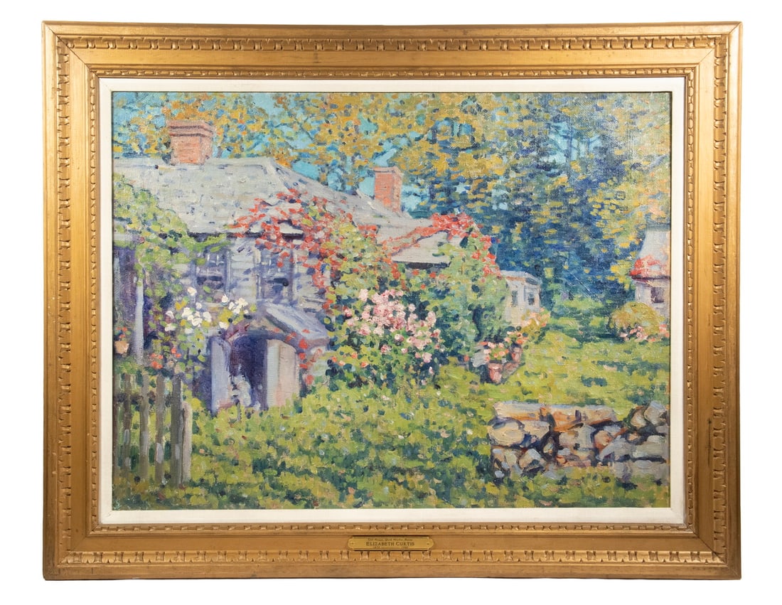 ELIZABETH CURTIS (NY, 1873-1946): ELIZABETH CURTIS (NY, 1873-1946) "Old House, York Harbor, Maine," oil on coarse linen, unsigned, artist's name and title of painting on frame tag, also on old label verso, in carved gilt frame with