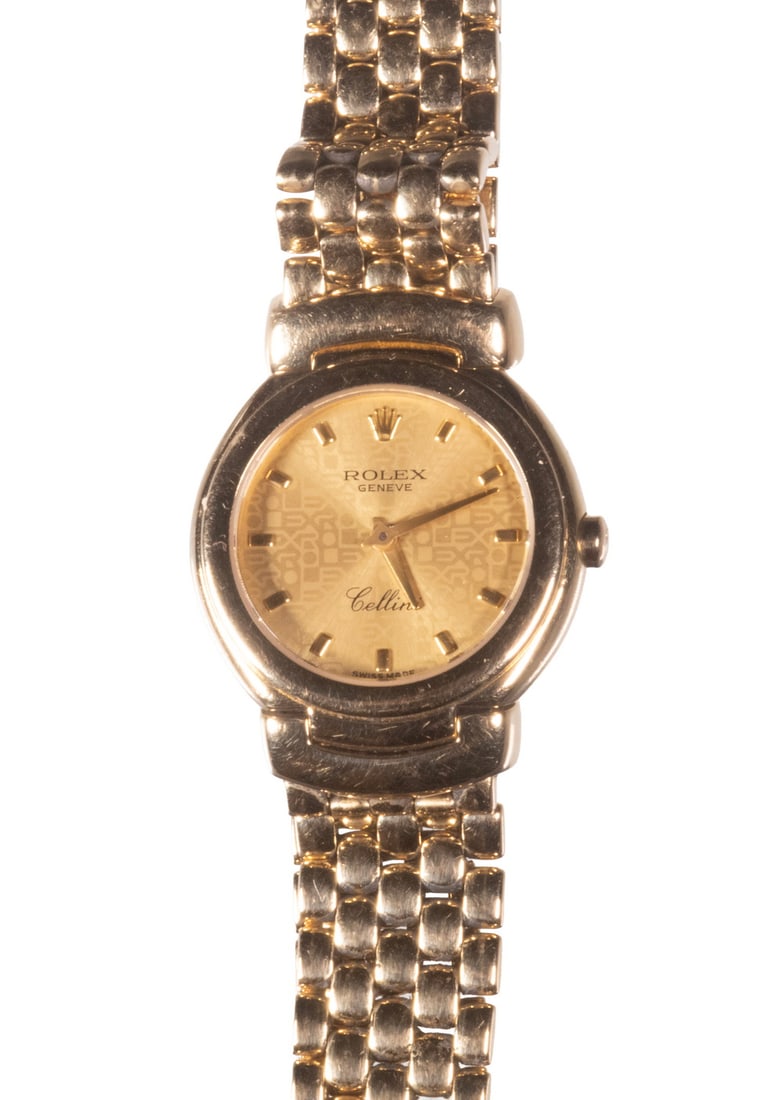 LADY'S 18K GOLD ROLEX CELLINI WRISTWATCH: GEORGE ENNIS (MO/NY 1884-1936) "IDLE HOURS" Depicting Two Men on a Boat, watercolor. Signed Ennis lower right corner. White mat with molded wood gold frame. Exhibited at the President's Watercolor Clu