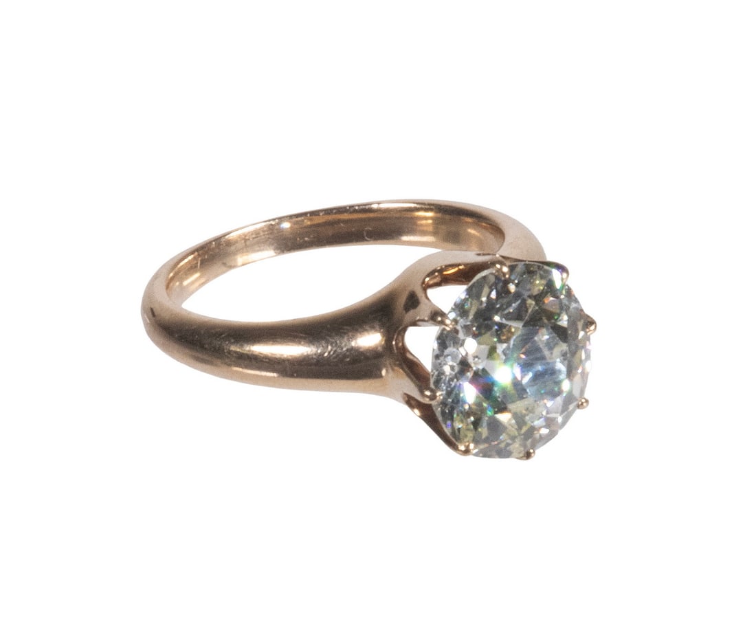 14K GOLD AND 3.11 CT DIAMOND SOLITAIRE RING: 14K GOLD AND 3.11 CT DIAMOND SOLITAIRE RING 14k yellow gold solitaire ring set with one Old European cut diamond weighing approximately 3.11 carats by formula. The diamond measures approximately 9.68 