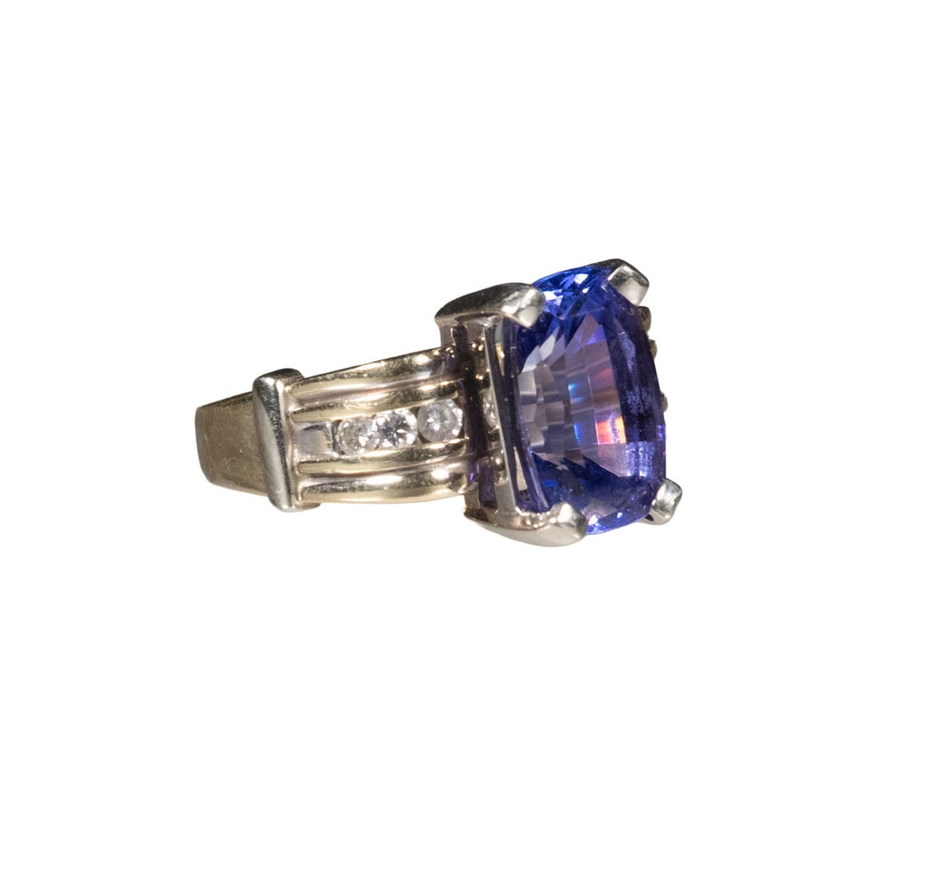 VINTAGE 14K GOLD, TANZANITE, AND DIAMOND RING: ART NOUVEAU 14K GOLD ENAMELED MOTH PHOTO LOCKET BROOCH Finely crafted as a moth with hinged polychrome enamel wings opening to reveal a concealed double oval photo locket, accented by round pink