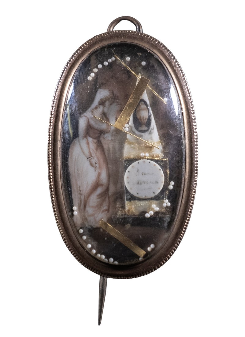 EARLY 10K GOLD MOURNING BROOCH/PENDANT: RUSSELL WRAY (CA, 1955 - ) "Couple", naked couple with woman carrying man, aqua resin with patina bronze finish. Unsigned. OS: 28 x 11 x 9 in. (71.1 x 27.9 x 22.9 cm.)