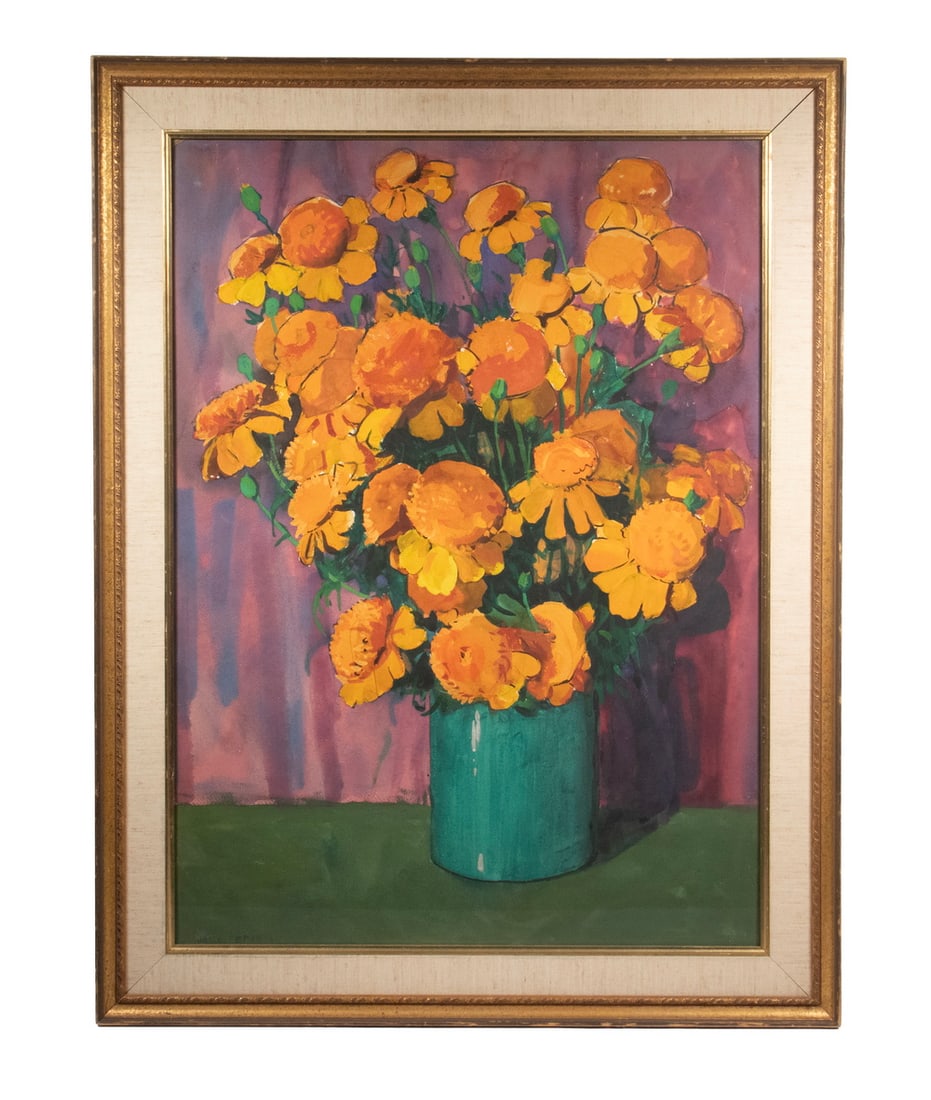 JANE PETERSON (MA/NY/KS, 1876-1965): MARY BOURKE (ME, CONTEMPORARY) "In the Garden," acrylic on board, signed upper left, also signed and titled verso, with affixed Greenhut Galleries, Portland, ME label. Unframed with painted edge. OS: