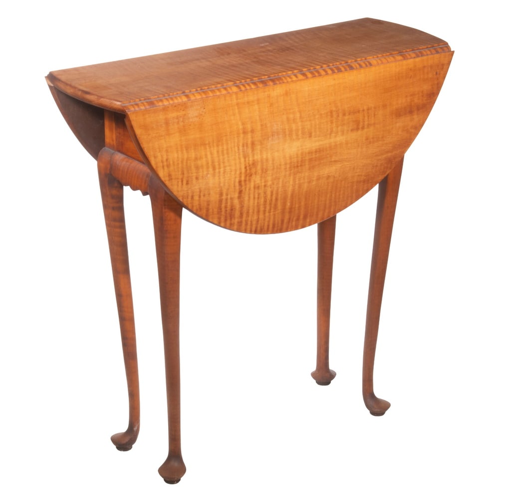 ELDRED WHEELER TIGER MAPLE DIMINUATIVE DROP LEAF TABLE: MARY BOURKE (ME, CONTEMPORARY) "Waiting for a Friend," acrylic on board, signed upper left, titled verso. Unframed with painted edge. OS: 16 x 16 in. (40.6 x 40.6 cm.)