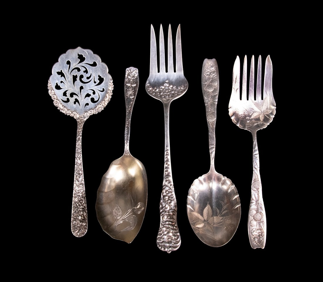 (5 PCS) ASSORTED STERLING SILVER SERVING FLATWARE: SCOTT MOORE (ME/DC, 1953 - ) Lake Cottage, oil on canvas, unsigned, untitled, with MBNA inventory number. In gold molded reverse mitered frame with linen liner. OS: 33 x 45 in. (83.8 x 114.3 cm.), SS: