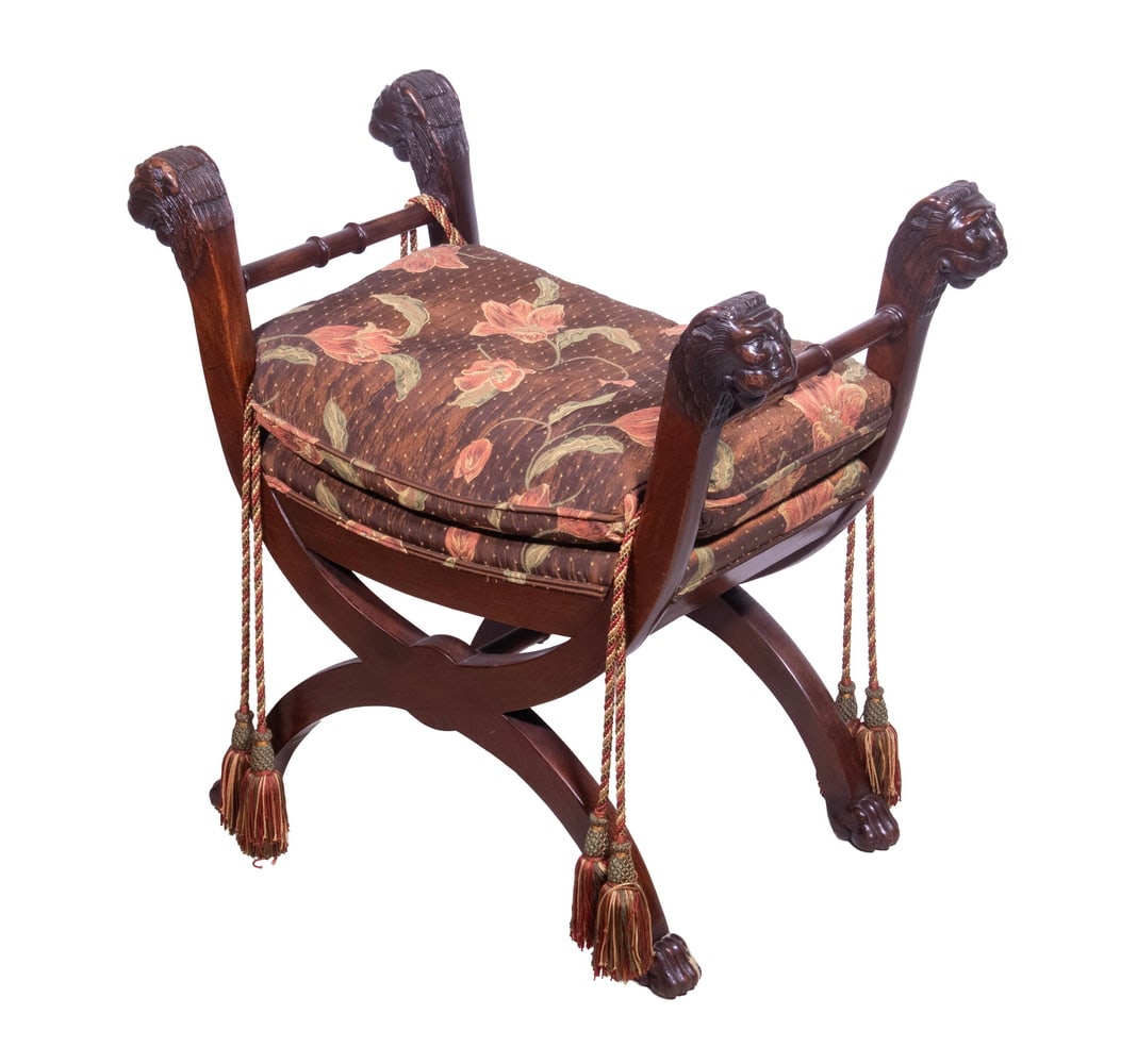 CARVED LION HEAD MAHOGANY CURULE STOOL (1 of 3)
