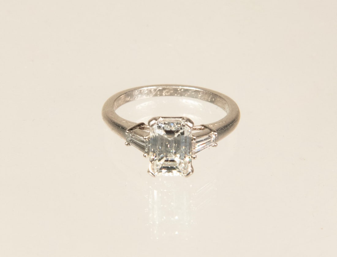 VINTAGE PLATINUM EMERALD-CUT DIAMOND THREE-STONE RING (1 of 2)