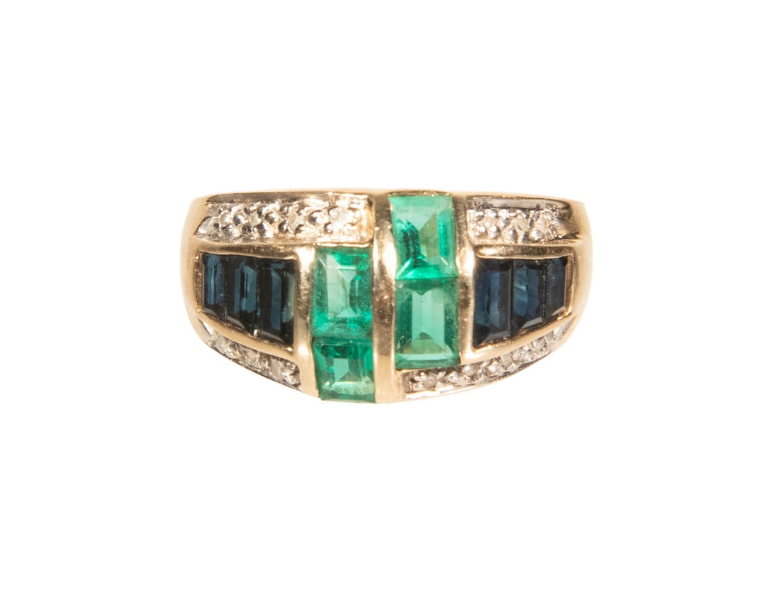 14K GOLD EMERALD, SAPPHIRE, AND DIAMOND RING (1 of 2)