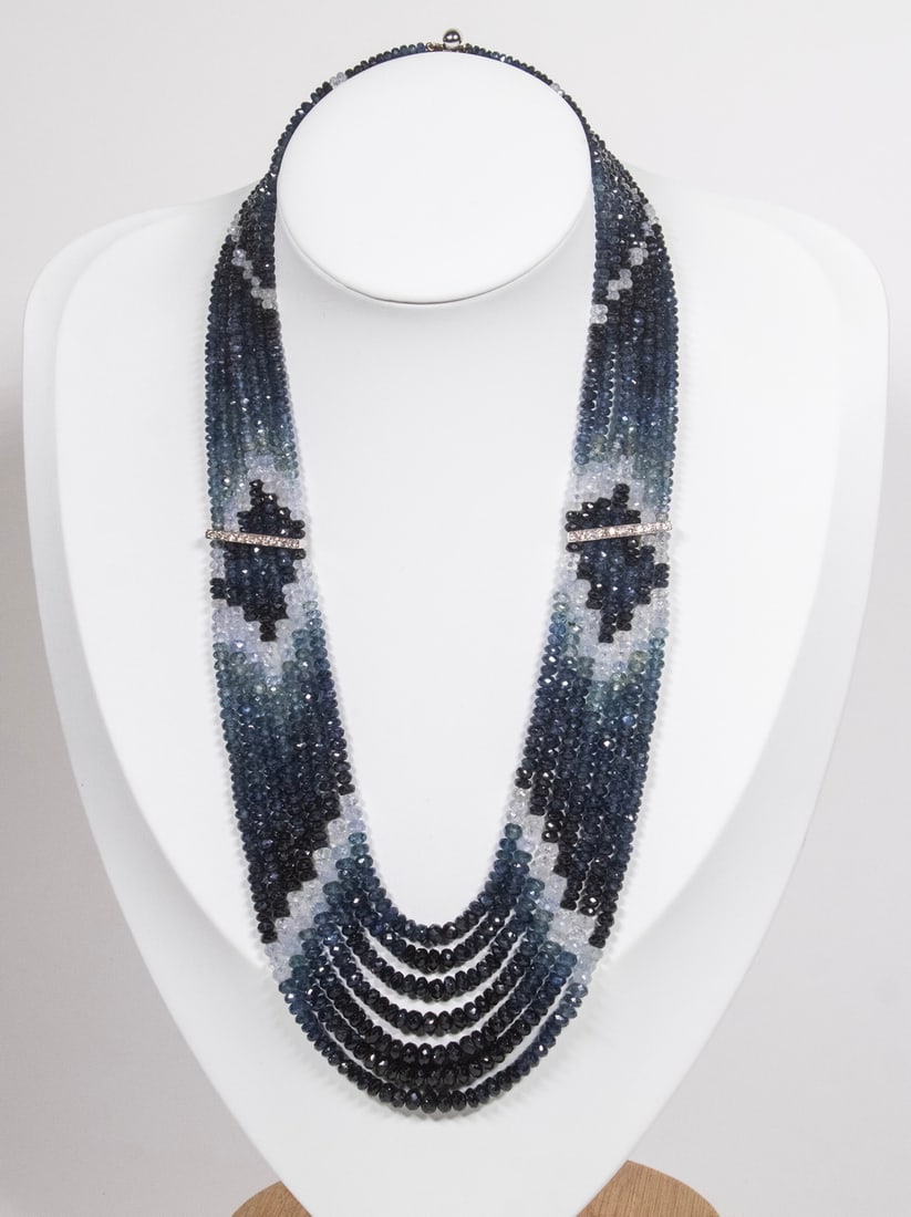 14K GOLD, DIAMOND, AND MULTI STRAND SAPPHIRE BEAD NECKLACE (1 of 4)
