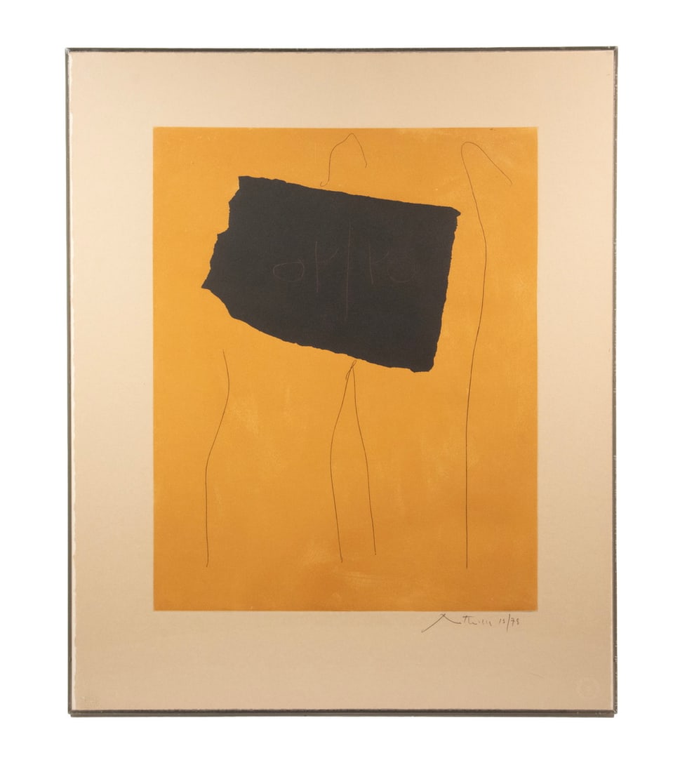 ROBERT BURNS MOTHERWELL (NY/CT/MA, 1915-1991): ROBERT BURNS MOTHERWELL (NY/CT/MA, 1915-1991) "Untitled (04/40)", aquatint, soft ground etching, collage, pencil signed and dated 12/78. In Lexan box frame, under plexi. OS: 37 x 22 x 1 1/2 in. (94 x 