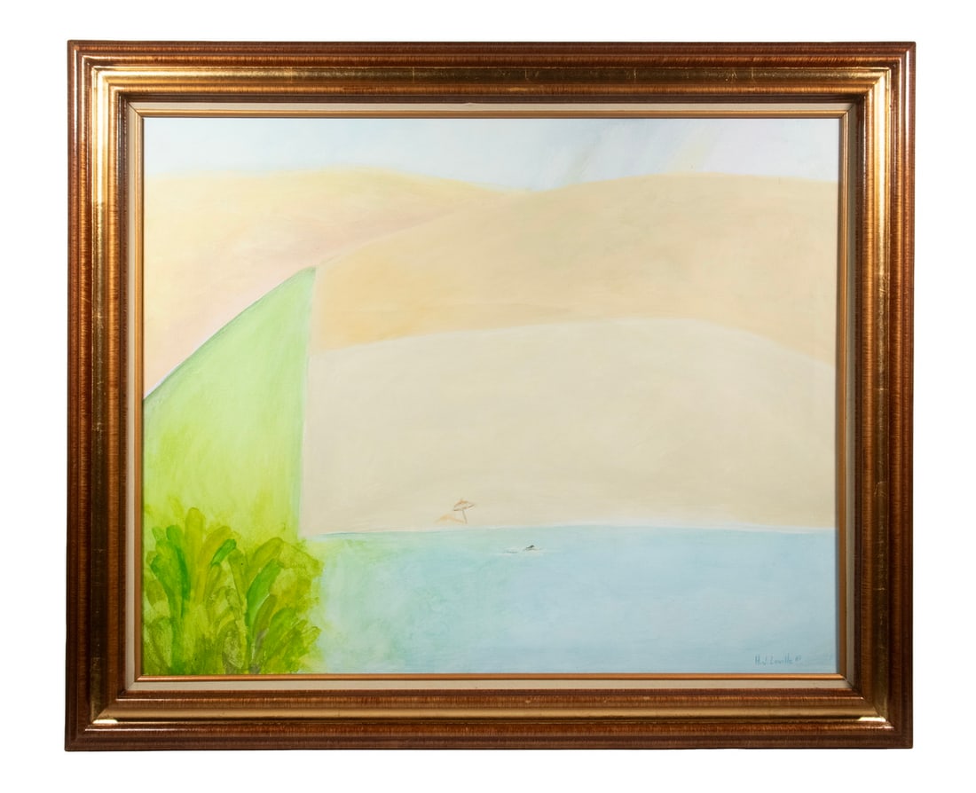 JOY H. LAVILLE (UK/MEX, 1923 -): JOY H. LAVILLE (UK/MEX, 1923 - ) Untitled Minimalist Seascape with tiny figure of woman swimming past single beach umbrella in expansive rolling dunes, oil on linen, signed lower right and dated '87, 
