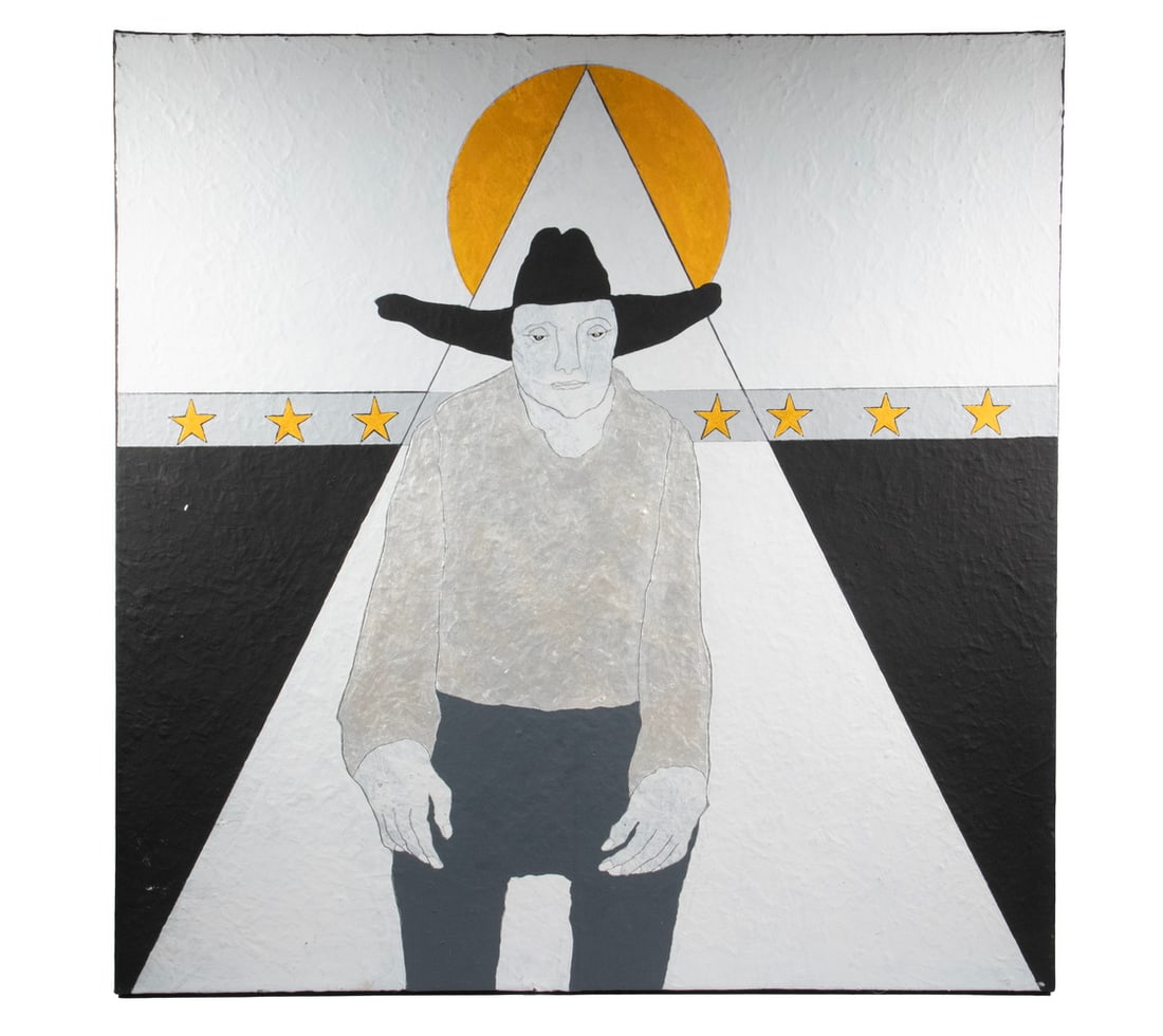 PETREA NOYES (NY, 1946 -): PETREA NOYES (NY, 1946 - ) Urban Cowboy, in the Spotlight, mixed media on canvas, signed on right edge and dated 2022, unframed, wrapped edge. OS: 38 x 38 x 2 in. (96.5 x 96.5 x 5.1 cm.)