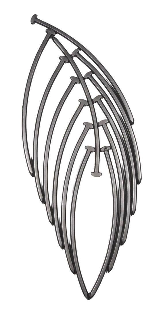 JOHN BISBEE (AMERICAN/MAINE, B. 1965), "LEAF": JOHN BISBEE (AMERICAN/MAINE, B. 1965), "LEAF" Welded steel nails sculpture in the form of a leaf. Acquired from the artist in 2017. Overall good condition. Size: 23 x 9 x 1/2 in. (58.4 x 22.9 x 1.3 cm