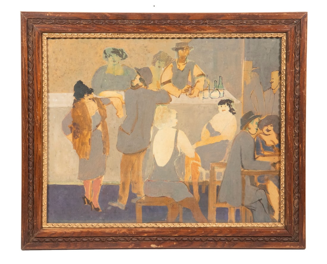 DAVID SCHNEUER (ISRAEL/GERMANY, 1915-1988): DAVID SCHNEUER (ISRAEL/GERMANY, 1915-1988) 1920's Weimar Republic Era view of a Nightclub Bar, gouache on brown wrapping paper, in colored pencil and gouache, unsigned. With oak frame and gold liner,