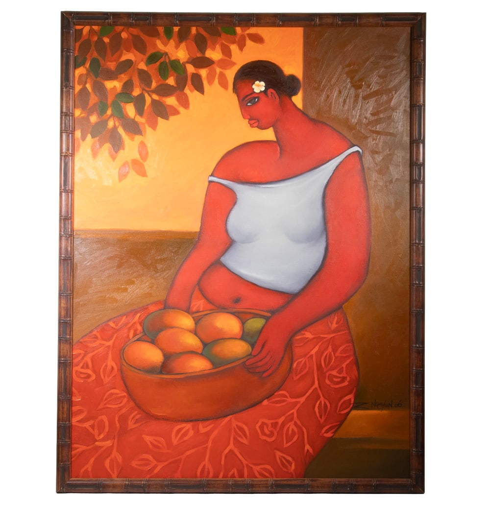 TIM NGUYEN (20TH-21ST C. HONOULU): TIM NGUYEN (20TH-21ST C. HONOULU) "Mahalo!", oil on canvas, signed lower right and dated '06, also signed verso with title. In faux carved bamboo frame. OS: 42 x 32 in. (106.7 x 81.3 cm.), SS: 40 x