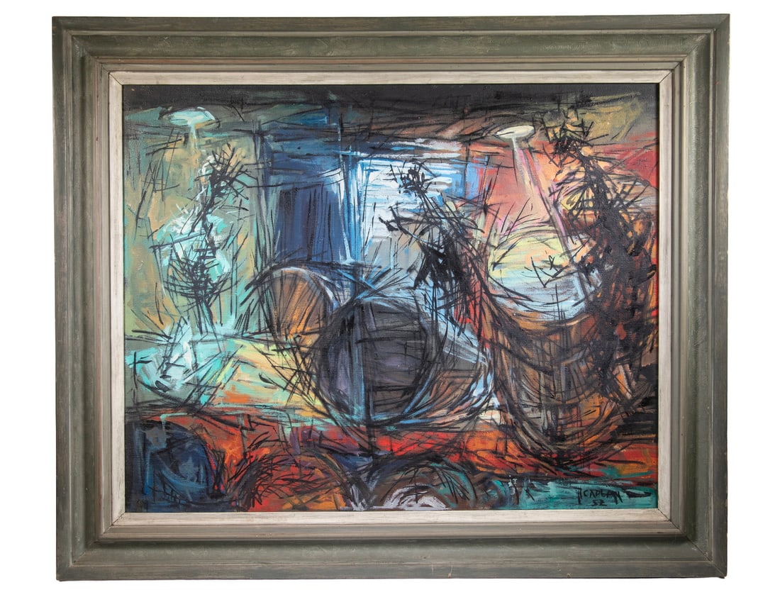 CAPLAN, 52 MID-CENTURY SHIPYARD SCENE: "CAPLAN, 52" MID-CENTURY SHIPYARD SCENE Three Hulls in Dry Dock. Oil on canvas, signed lower right. In gray painted molded frame with linen liner. OS: 31 x 37 x 2 in. (78.7 x 94 x 5.1 cm.), SS: 24 x 2