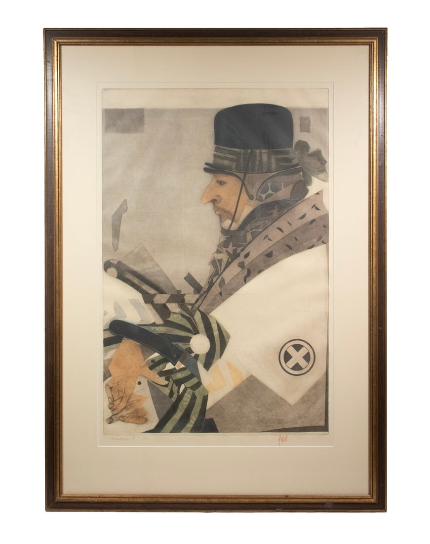 LEONARDO LASANSKY (IA, 1946 -): LEONARDO LASANSKY (IA, 1946 - ) "Orientalia," circa 1980, mixed color intaglio. Pencil signed and numbered 5/100 H.C. In gold and black frame, matted under glass. OS: 38 x 27 x 1 1/4 in. (96.5 x 68.6 