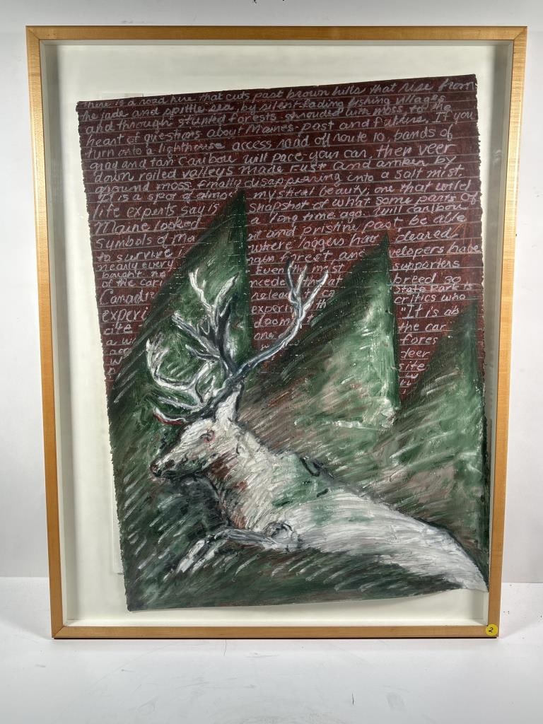 MARJORIE MOORE (CASCO BAY, ME, 1944 -): MARJORIE MOORE (CASCO BAY, ME, 1944 - ) The Last White Reindeer, mixed media on deckled edge sheet of Arches paper, unsigned. !n birch shadowbox box frame, sheet floated on white board, under glass.