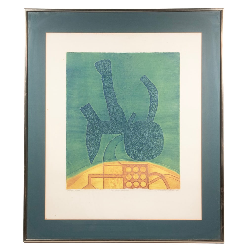 SERGIO HIGINIO GONZALEZ-TORNERO (NY/CHILE, 1927-2020): SERGIO HIGINIO GONZALEZ-TORNERO (NY/CHILE, 1927-2020) "Pneumatic Monument,", 1966, color etching. Pencil signed, titled and dated, marked as artist's proof. In chrome casement frame, matted under glas