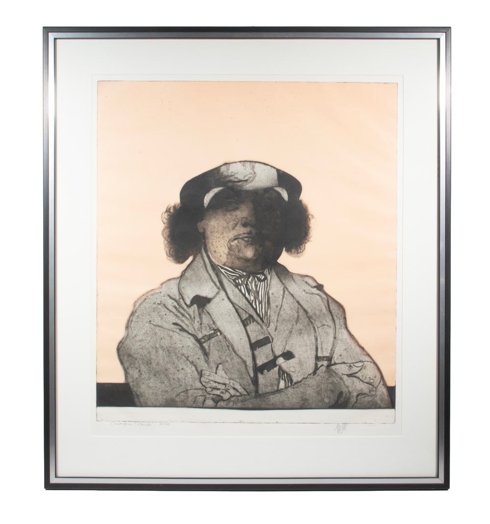 LEONARDO LASANSKY (IA, 1946 -): LEONARDO LASANSKY (IA, 1946 - ) "Cristoforo Colombo," 1984, mixed color intaglio. Pencil signed, titled and numbered 28/70. In silver and black frame, matted under glass. OS: 36 1/2 x 32 1/2 x 1 1/2 i