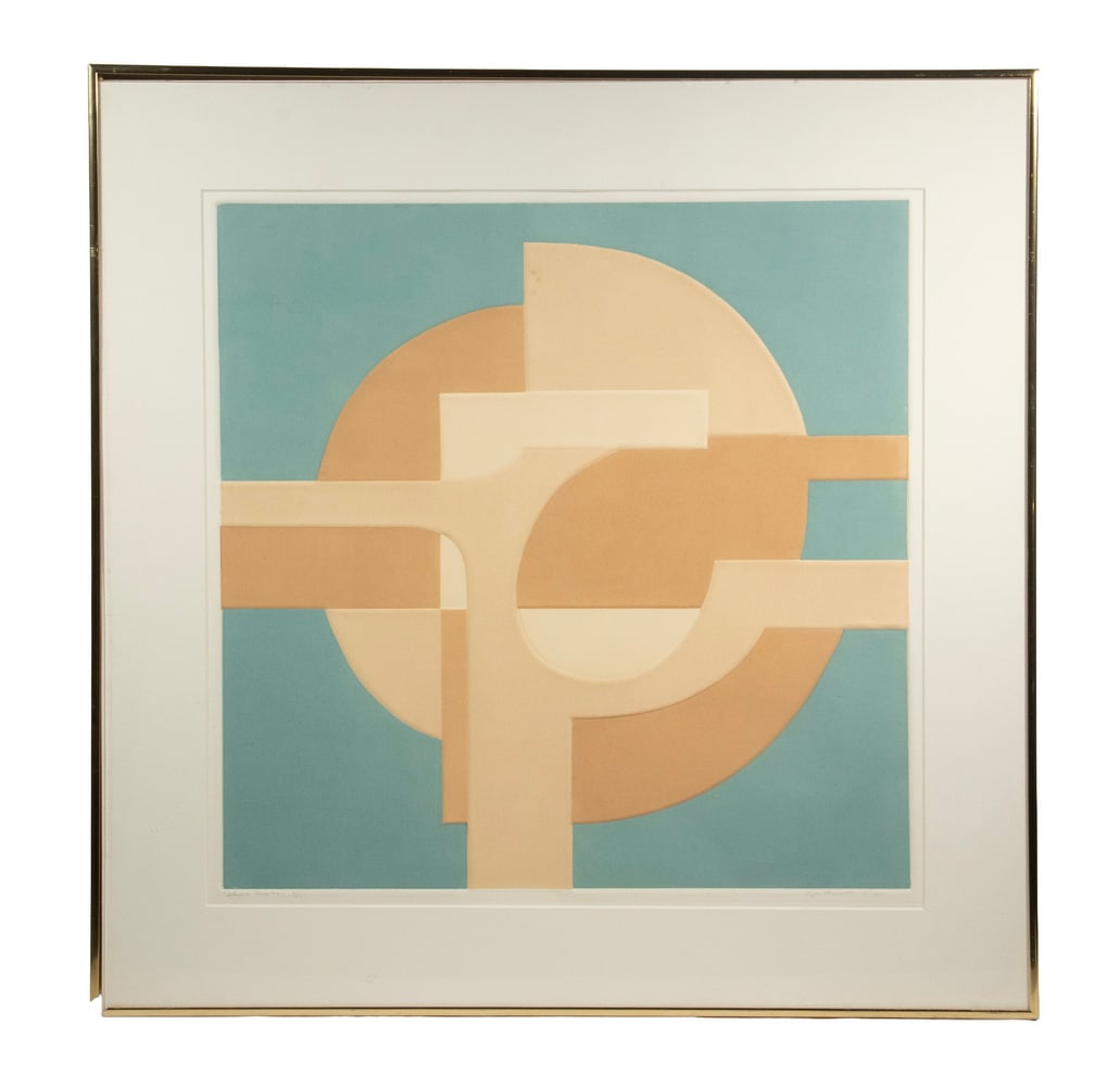 JAN EHRENWORTH (20TH-21ST C. MA): JAN EHRENWORTH (20TH-21ST C. MA) "Interlock St. 2," color embossment on Rives BFK. Pencil signed, titled and numbered, label verso from Quadrom Gallery, Chestnut Hill, MA, with price of $370. In gold