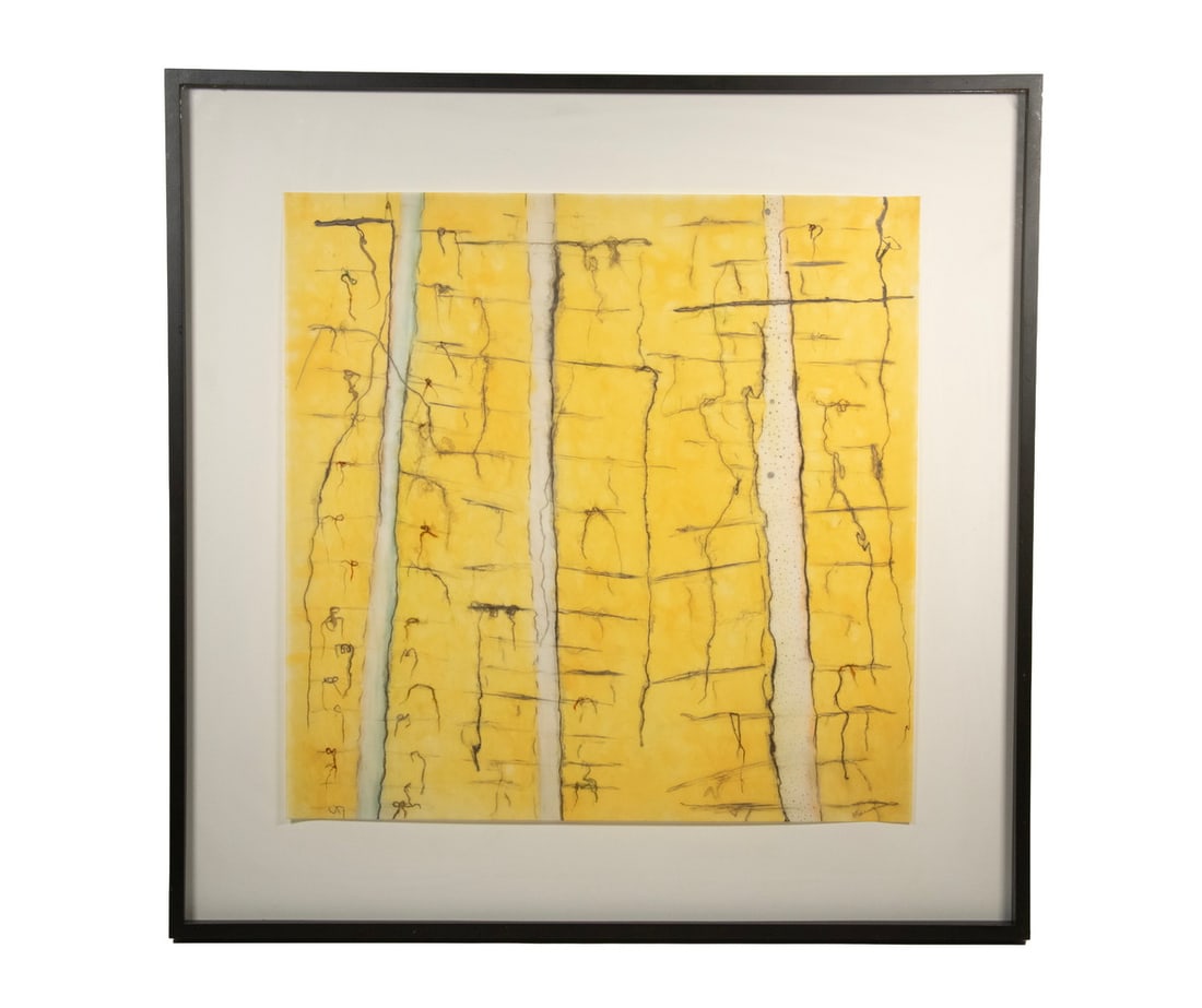 MARY BARNES (CONTEMPORARY MAINE/OREGON): MARY BARNES (CONTEMPORARY MAINE/OREGON) "Tendrils," mixed media with graphite, ink, oil, and pastel on mylar, signed lower right, signed and titled verso with an original price of $1200. In a black me