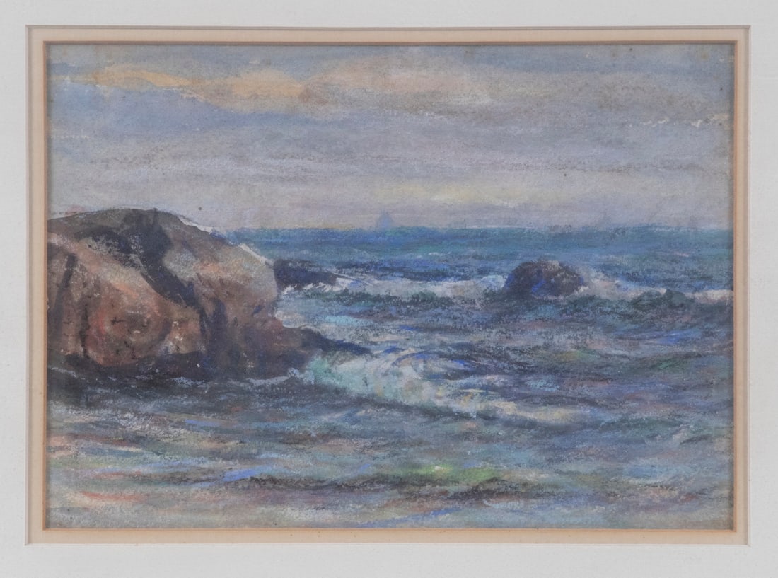 WILLIAM STERNA BARRETT (NY/ME, 1854-1927): WILLIAM STERNA BARRETT (NY/ME, 1854-1927) Rocky Coast Surf, pastel on paper, unsigned, artist identified on frame tag and verso, label from Pierce Galleries of East Bridgewater, Mass., "Exclusive