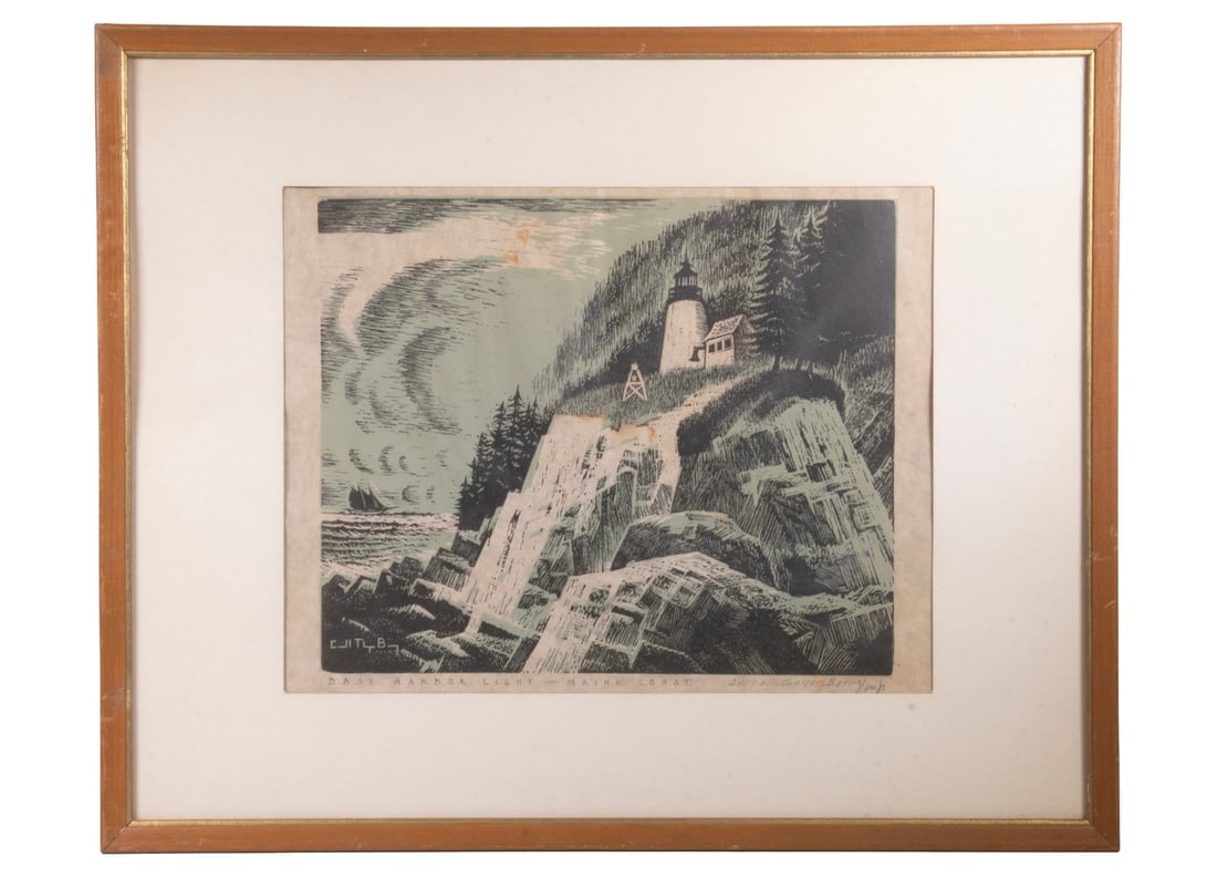 CARROLL THAYER BERRY (ME, 1886-1978): CARROLL THAYER BERRY (ME, 1886-1978) "Bass Harbor Light, Maine Coast," two-color woodblock print, pencil signed and titled. In maple stick frame, matted under glass. OS: 17 x 20 in. (43.2 x 50.8 cm.),