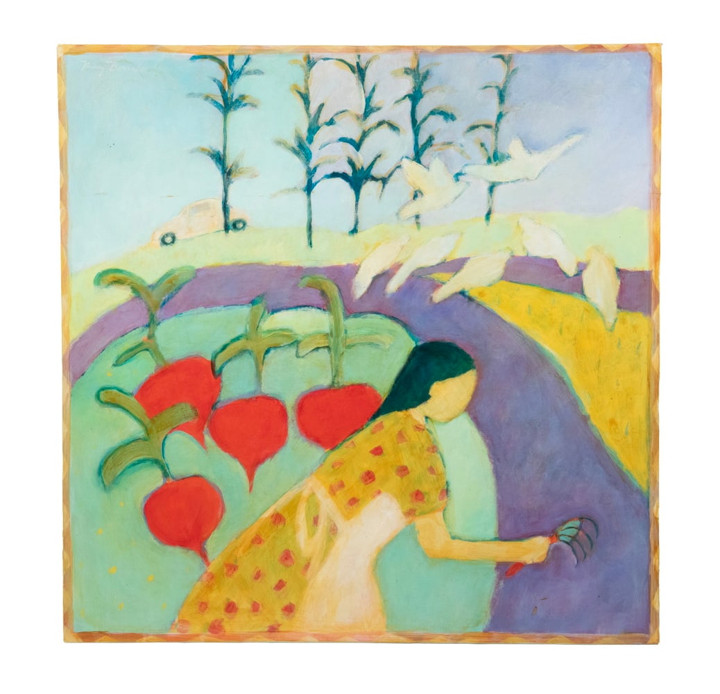 MARY BOURKE (ME, CONTEMPORARY): MARY BOURKE (ME, CONTEMPORARY) "In the Garden," acrylic on board, signed upper left, also signed and titled verso, with affixed Greenhut Galleries, Portland, ME label. Unframed with painted edge. OS: 