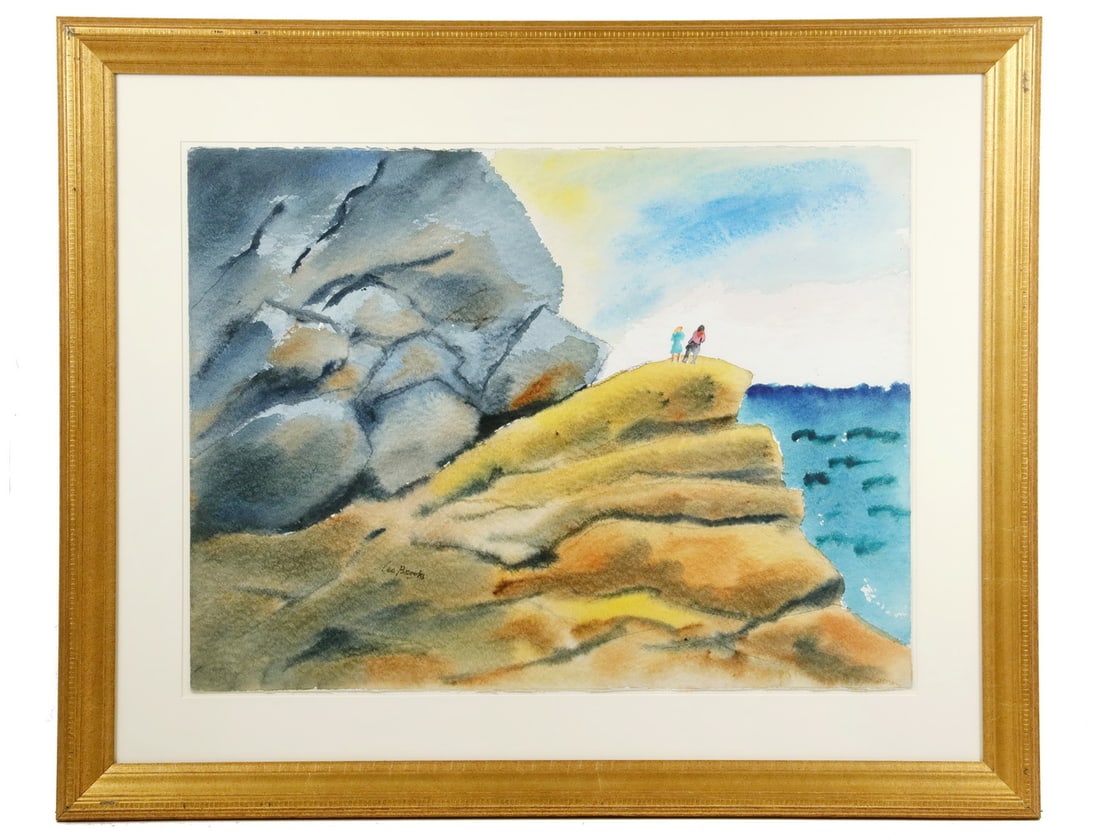 LEO BROOKS (ME, 1909-1993): LEO BROOKS (ME, 1909-1993) Coastal Courting, monumental watercolor on Arches paper, signed lower left, Greenhut Galleries of Portland, ME label verso. In gilt molded frame, matted under UV plexi. OS: 