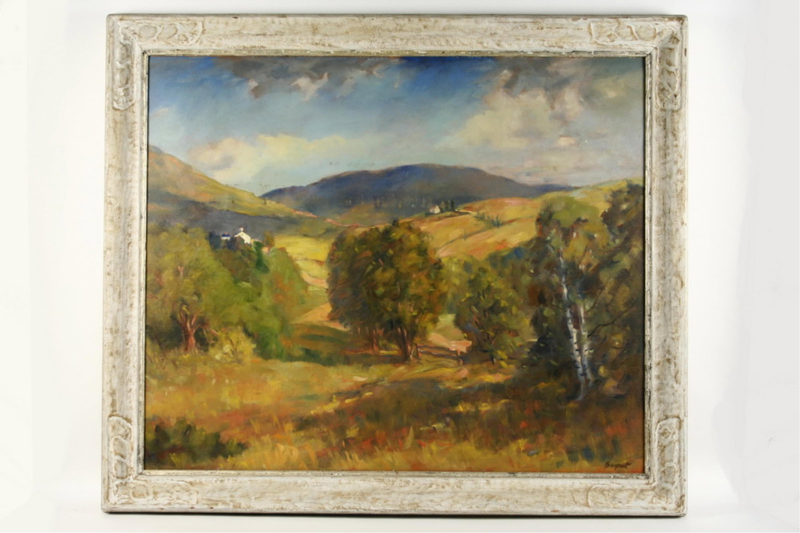 WILLIAM BRYANT (ME, 1906-1997): WILLIAM BRYANT (ME, 1906-1997) Summer in the Maine Coast Hills, oil on board, signed lower right. In artist painted matched corner Arts & Crafts frame. Very good condition. OS: 35 1/4 x 41 1/4 in. (89