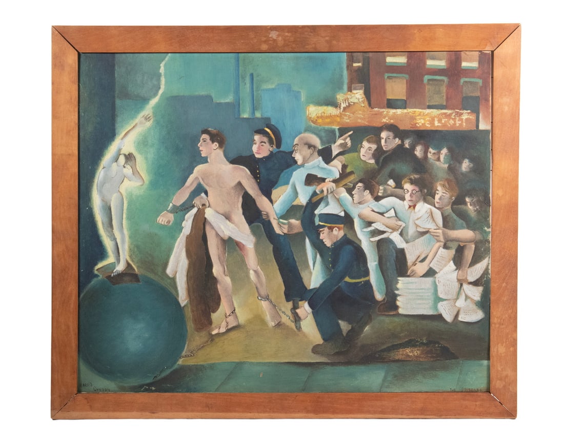 HAROLD CONDON (ME/OH, 1892-1934): HAROLD CONDON (ME/OH, 1892-1934) Allegory for Pursuit of Beauty with model breaking chains applied by police, on city street with factory behind, oil on upson board, signed lower left. In pine panel f