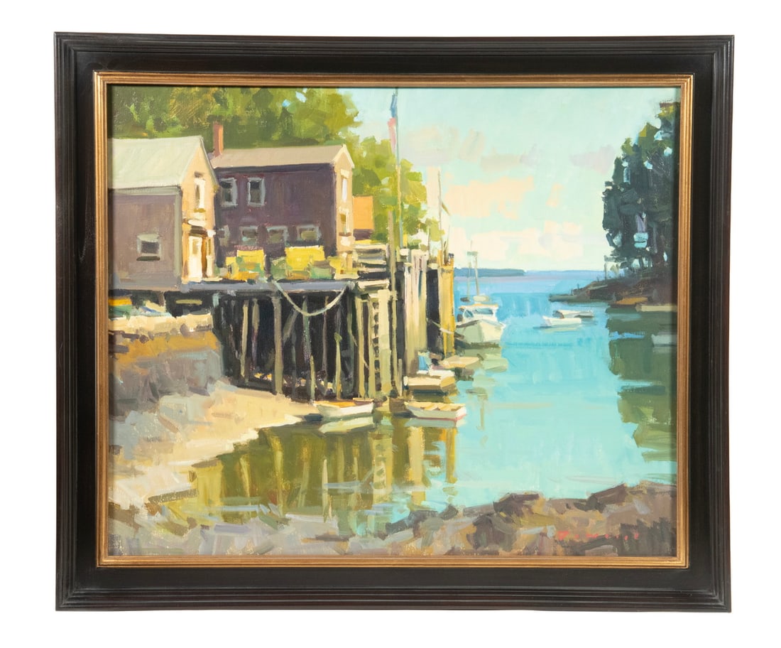 KEN DEWAARD (CONTEMPORARY MAINE): KEN DEWAARD (CONTEMPORARY MAINE) "Colorful Day in the Cove (New Harbor Maine Back Cove)," oil on canvas, signed lower right, titled verso. In dark molded panel frame with gold liner. OS: 23 1/2 x 27 1