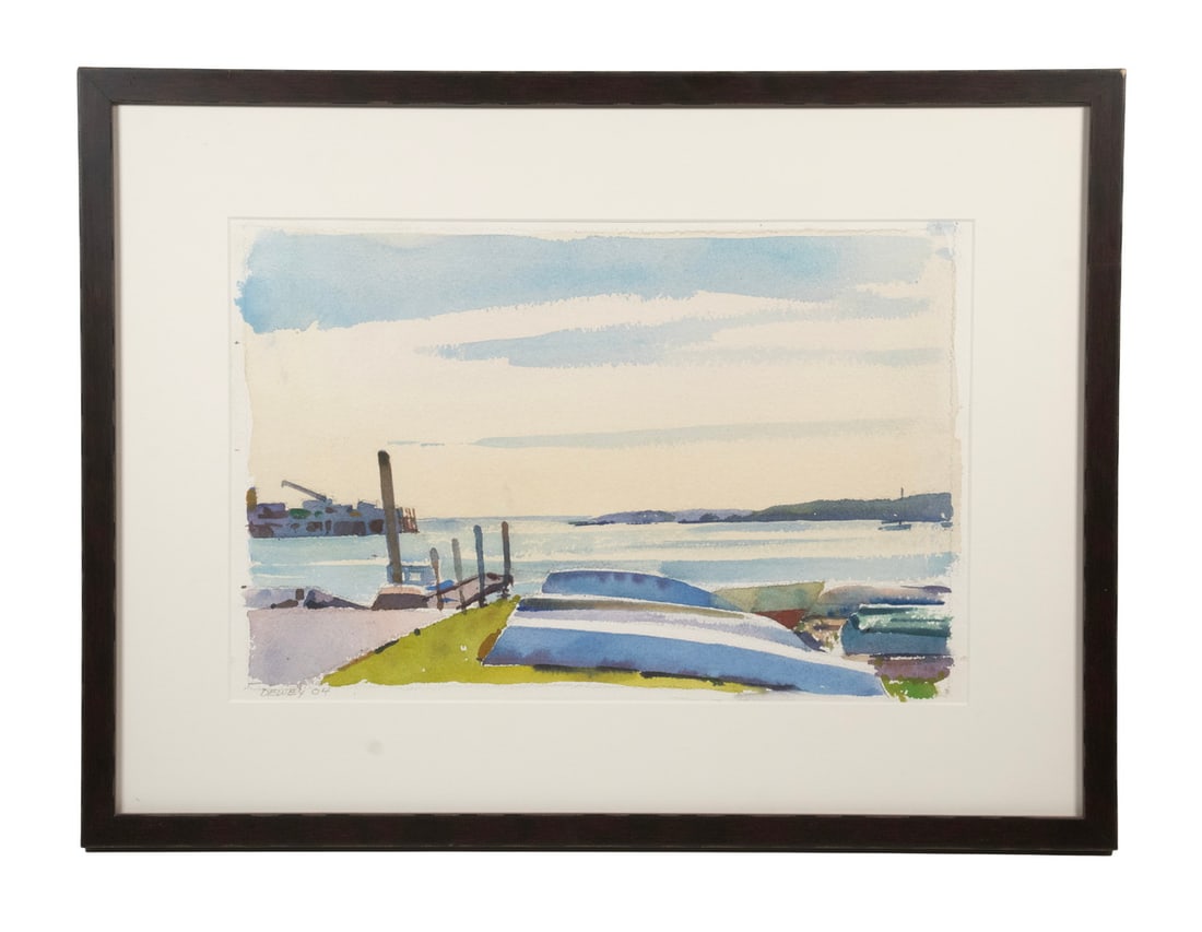 DAVID DEWEY (ME/NY, 1946 -): DAVID DEWEY (ME/NY, 1946 - ) Sun Drenched Public Landing, Maine, watercolor on paper, signed and dated '04 lower left, label verso from Small Wonder Gallery of Camden, Maine. In black box frame, matte