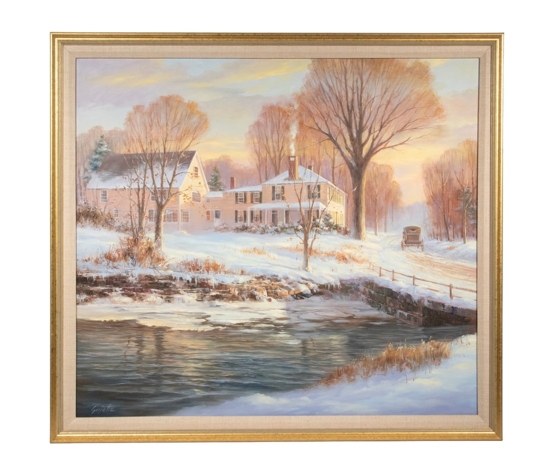 RON GOYETTE (ME, 1941-2002): RON GOYETTE (ME, 1941-2002) Maine Colonial House in Winter, oil on board, signed lower left. In gold molded frame with linen liner. OS: 25 1/2 x 28 1/2 x 1/2 in. (64.8 x 72.4 x 1.3 cm.), SS: 22 x 25 i