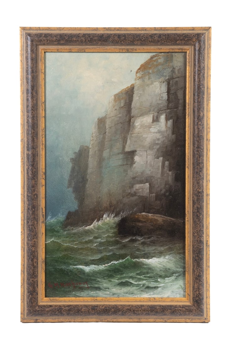 GEORGE M. HATHAWAY (ME/UK, 1852-1903): GEORGE M. HATHAWAY (ME/UK, 1852-1903) The Indian Head Rock, oil on academy board, signed lower left. In green and gold molded frame. Sometimes called "The Indian Head", this is White Head, a feature o