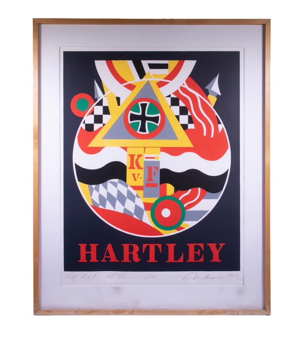ROBERT INDIANA (NY/ME/IN, 1928-2018): ROBERT INDIANA (NY/ME/IN, 1928-2018) "Hartley", serigraph on paper, pencil signed, dated 1999, marked "For KvF", numbered H.C. 3/3 & V/H, in box maple frame, matted under plexi. Water damage to frame 